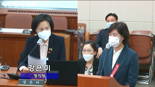 지난 15일 노동부 국정감사에서 정의당 강은미 의원이 한국조에티스 이윤경 대표에게 질의하고 있다. @강은미 의원실 제공