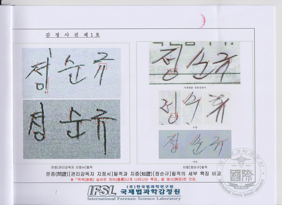 사측 변호인단이 재판부에 제출한 '관리감독자 지정서' 중 고인의 것으로 보이는 서명(왼쪽), 여권 등에서 보이는 고인의 실제 서명(오른쪽) ⓒ 유족 제공
