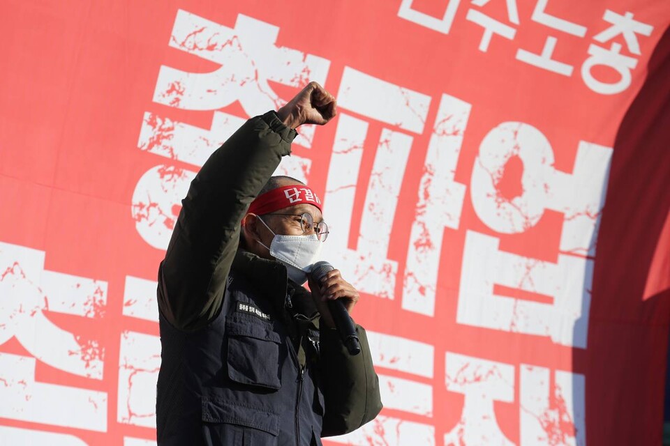 6일 의왕에서 열린 ‘화물 총파업 투쟁승리, 윤석열 정부 노동탄압 분쇄 총파업·총력투쟁대회’ ⓒ 양지웅 기자