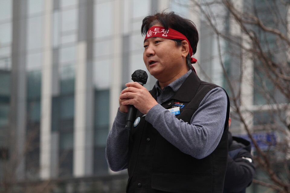 12일, LG헬로비전 본사 앞에서 열린 'LG헬로비전비정규직지부 3차 총파업 결의대회' ⓒ 김준 기자