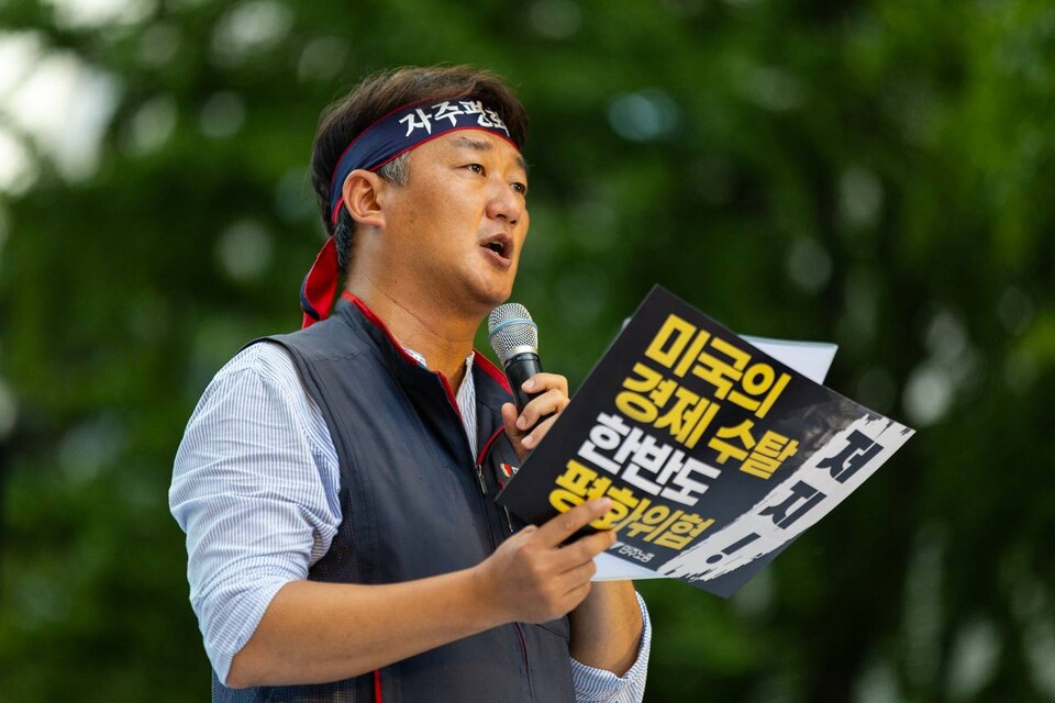 민주노총이 15일 오후 5시30분 서울 중구 숭례문 인근에서 ‘내란세력을 완전청산하고 미국의 경제-안보 수탈을 저지하자’는 기치로 8.15전국노동자대회를 열었다. 양경수 민주노총 위원장. 사진=송승현